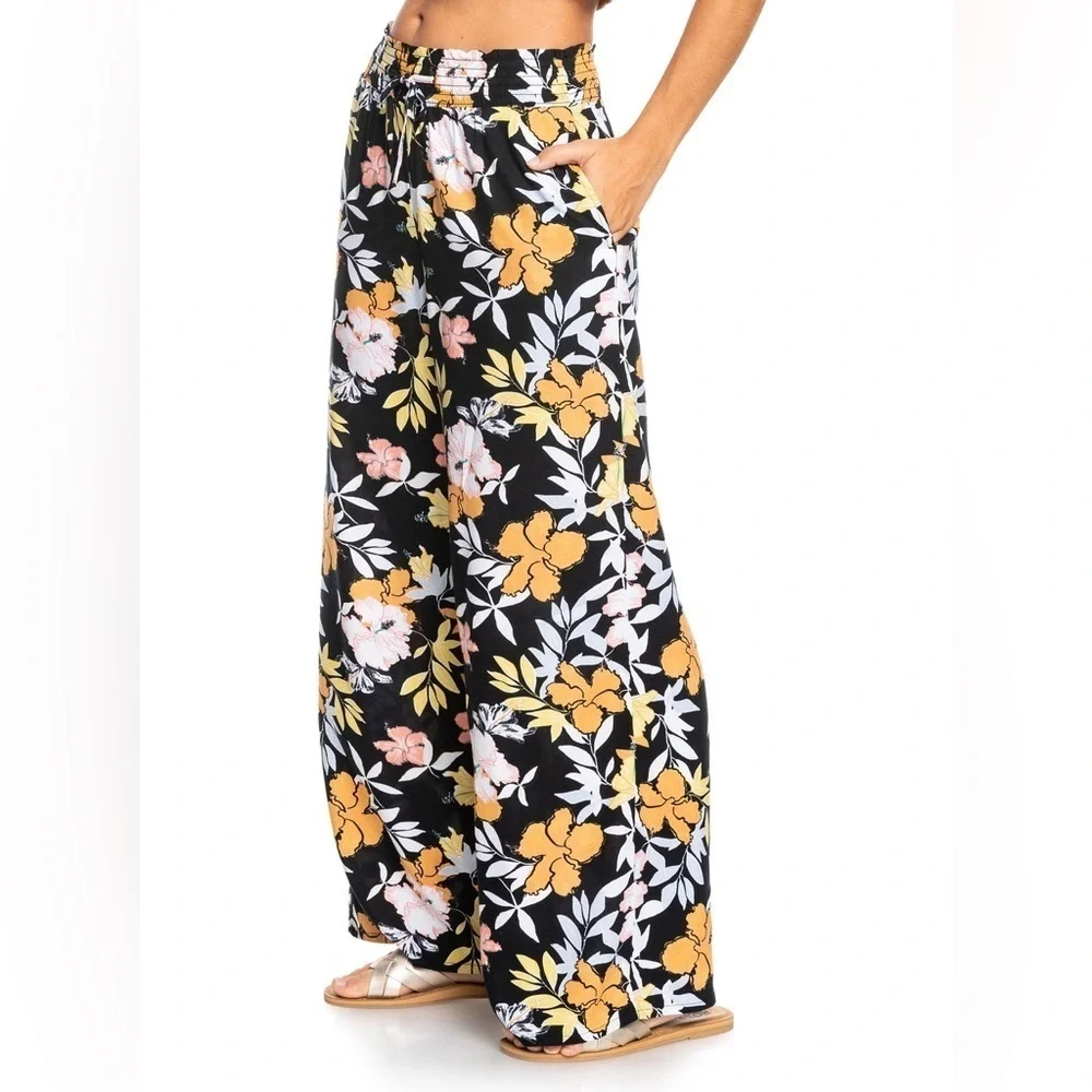 Roxy Rythm Beach Boho Floral Wide Pull On Pants Size Small